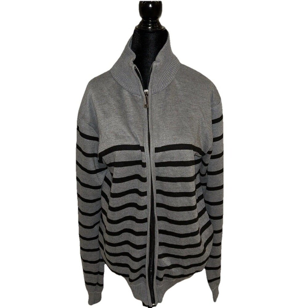 True Rock Large Long Sleeve High Neck Full Zip Gray & Blue Striped Sweater